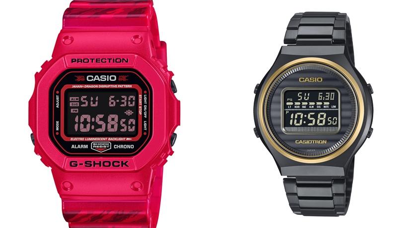 （左）新加坡當代藝術家Jahan Loh聯名錶款DW-5600JAH24-4，5,500元；（右）CASIO 50週年紀念錶款TRN-50ZE-1A，17,000元。