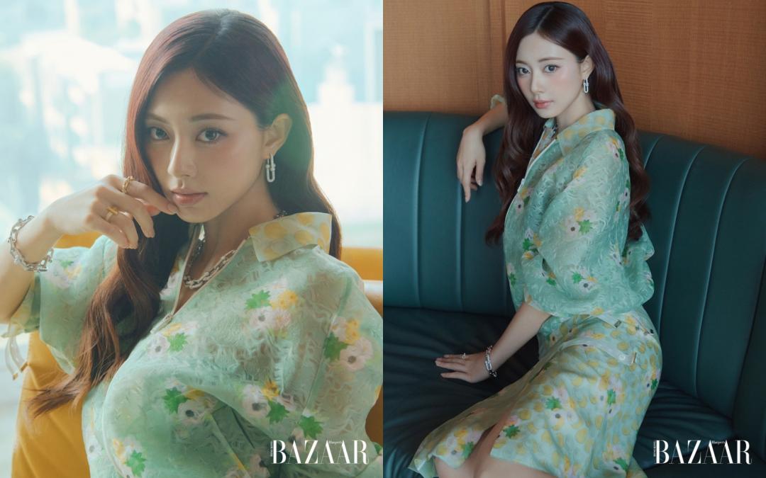 綠色透膚印花套裝則帶有成熟小女人韻味。