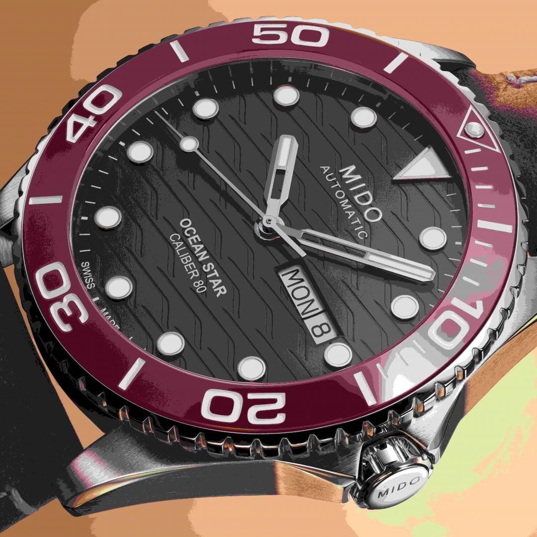 霧面黑色錶盤點綴立體海浪紋路，玫瑰金指針更添奢華。