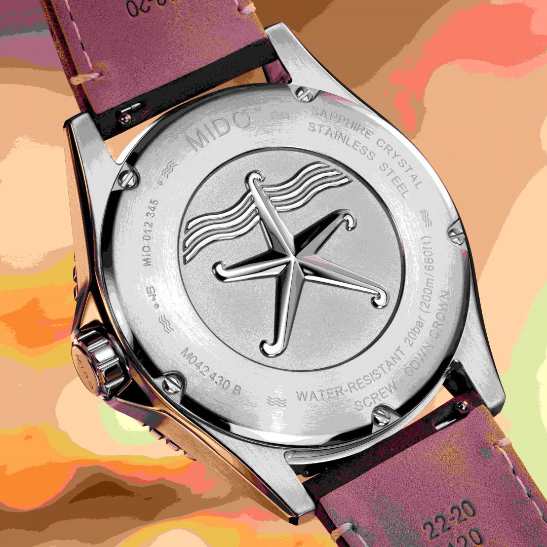 不鏽鋼底蓋鐫刻海星圖案。