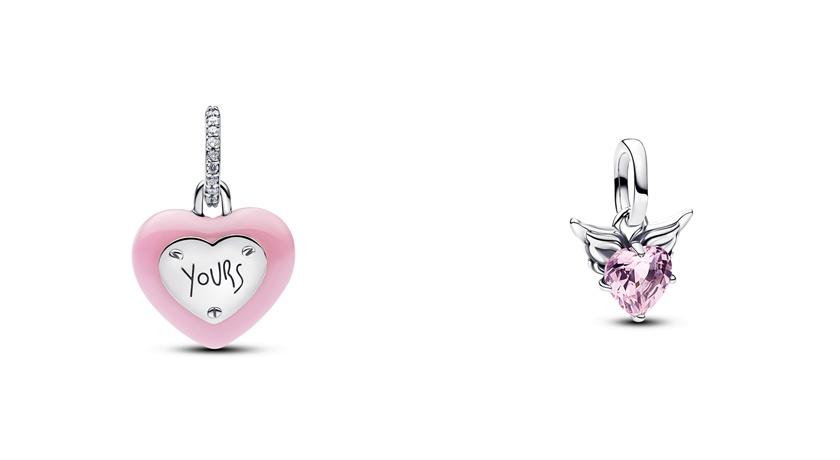 (左) 粉色陶瓷心形掛鎖吊飾3,680元、(右)心之羽翼迷你吊飾1,280元。