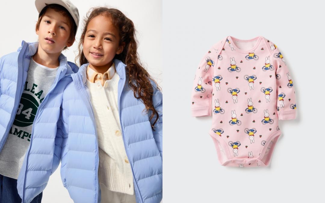 （左起）童裝PUFFTECH輕暖科技可機洗連帽外套，優惠新價格NT$790元；新生兒The Picture Book Collection圓領包臀衣，優惠新價格NT$149元。