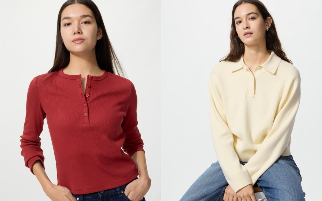 （左起）女裝羅紋亨利領T恤，原價NT$590元，1／30～ 2／5期間限定特價NT$390元；女裝柔滑棉POLO針織衫，原價NT$1,290元，1／30～ 2／5期間限定特價NT$990元。