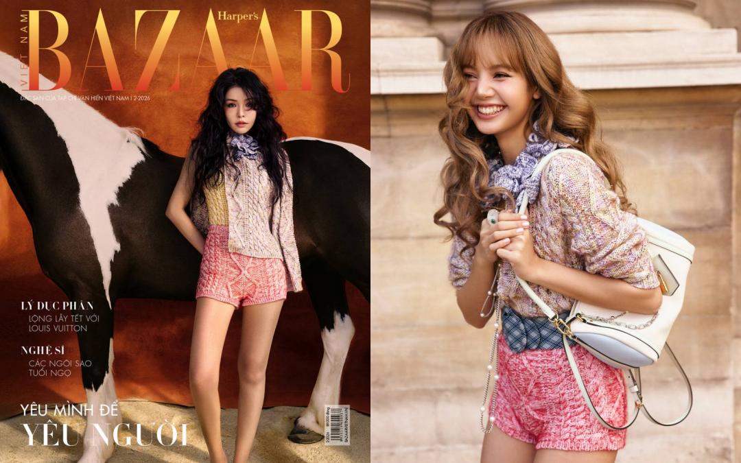 李毓芬與Lisa隔空撞衫，兩人穿的都是LOUIS VUITTON的粉彩針織套裝。