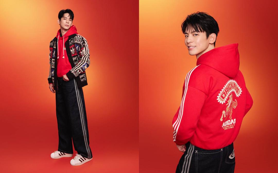 林柏宏著駿馬緹花針織毛衣外套（NT$5,890）與刷毛帽T（NT$4,290）搭配三線丹寧長褲（NT$4,890），將年味藏於個性街頭造型之中。