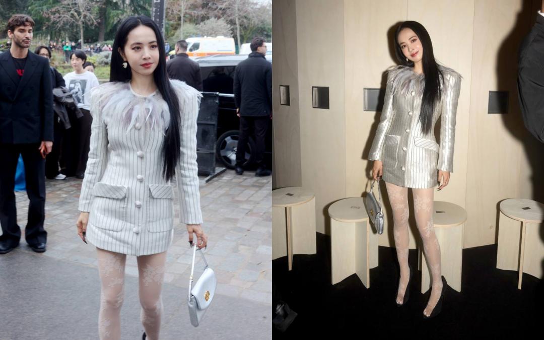 Jolin單穿長版西裝外套展現「下衣失蹤」風格露出修長美腿。