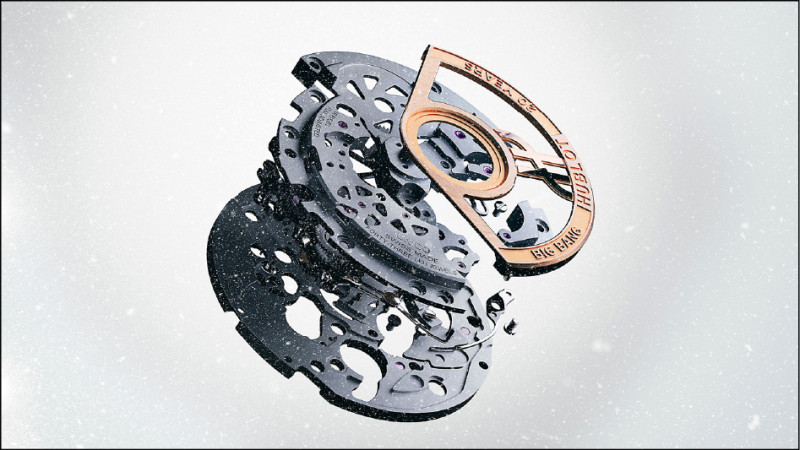 HUB1280飛返計時導柱輪自動上鍊機芯，由354個零件精密組成。