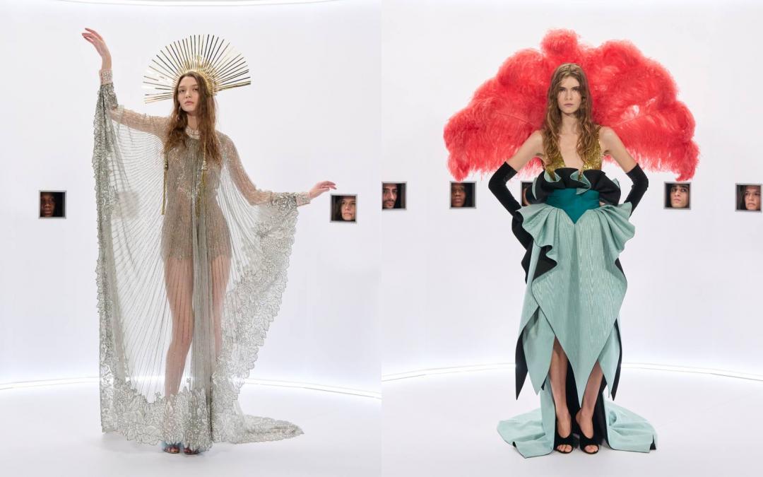 金屬光澤的精緻刺繡，結合戲劇化頭飾強調視覺張力。