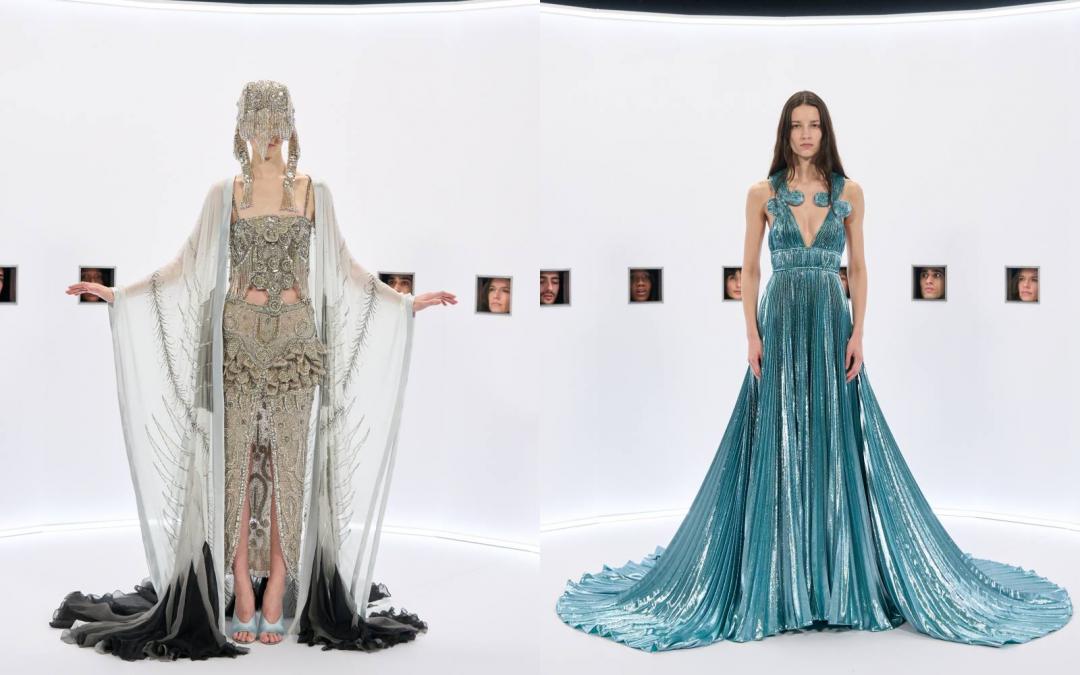 繁複珠繡與透明薄紗交錯，結合垂墜披風與細緻流蘇，展現VALENTINO對歷史工藝語彙的當代轉化。