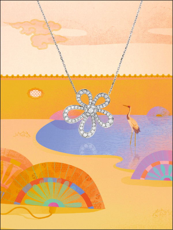 Flowerlace系列以鏤空結構展現輕盈視覺感。18K白金鑽石吊墜，1,090,000元。