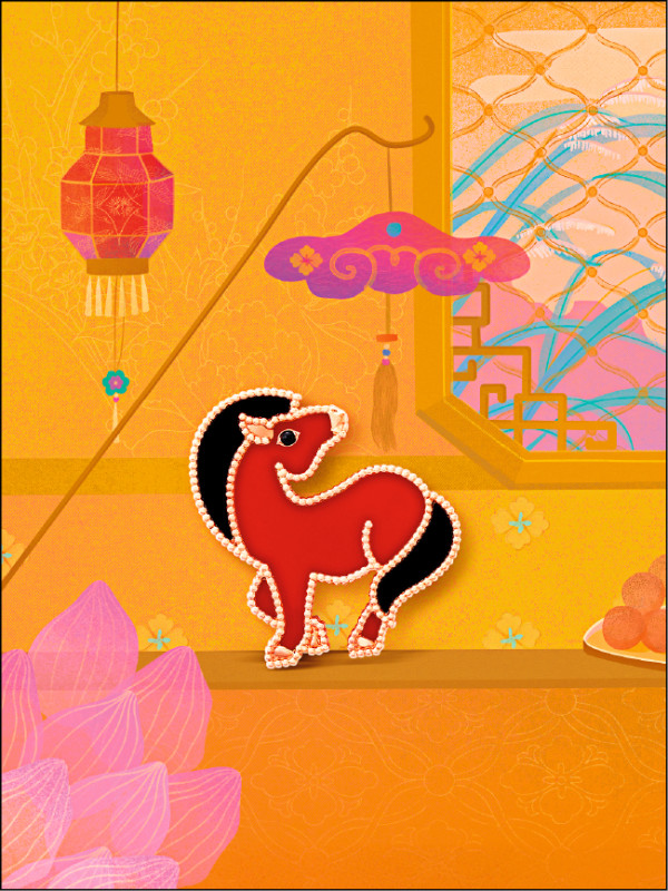 梵克雅寶再度攜手法國藝術家Julie Joseph，藉其細膩筆觸描繪春日美景，和珠寶相得益彰。Lucky Animals Horse胸針，18K玫瑰金鑲嵌紅玉髓、縞瑪瑙，279,000元。