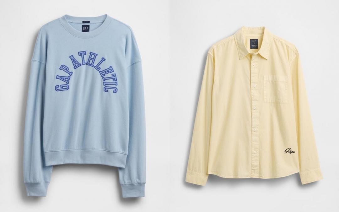 日本設計春季男裝（左起）藍色刺繡刷毛圓領大學T（NT$1,499）、黃色翻領長袖襯衫（NT1,699）。