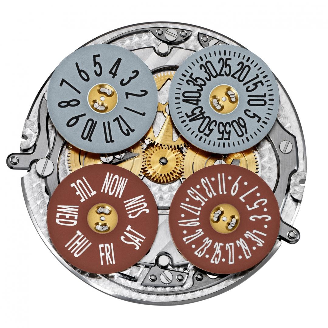 腕錶捨棄傳統指標的顯示方式，改以4個圓盤顯示各項時間資訊，讓錶盤圖案完整呈現。