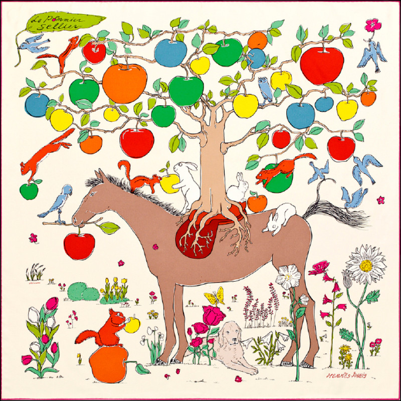 Hermès Le Pommier sellier圖紋印花斜紋真絲方巾（90×90公分），22,500元。