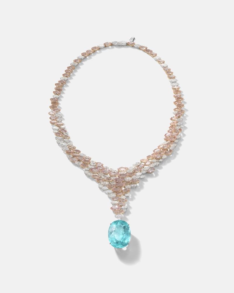 Marea Rosa 18K白金與玫瑰金帕拉伊巴碧璽、摩根石與鑽石高級珠寶項鍊。（DAMIANI提供）