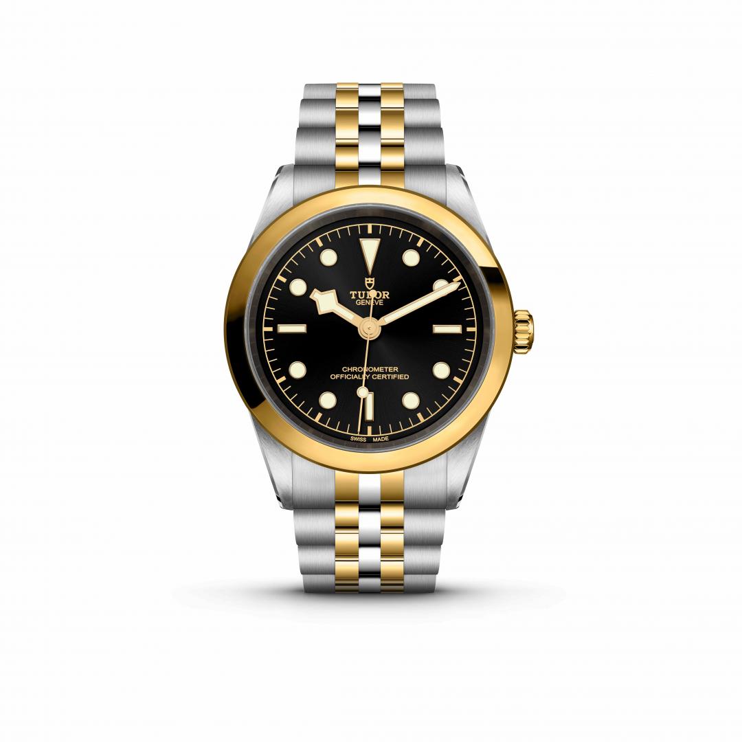 TUDOR Black Bay One 39 S&G腕錶，39毫米不鏽鋼錶殼，黃金及不鏽鋼錶帶，213,500元。