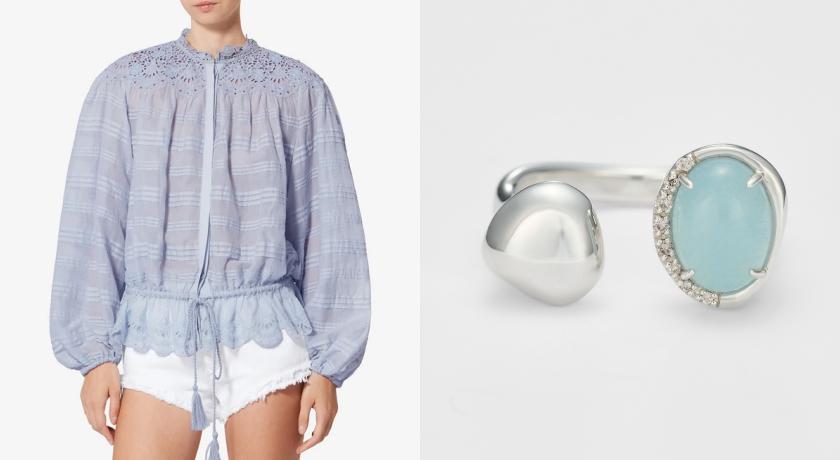（左起）ISABEL MARANT雕花蕾絲藍色下擺荷葉邊上衣（NT$23,800）、agete波弧海藍寶石戒指（NT$14,700）。