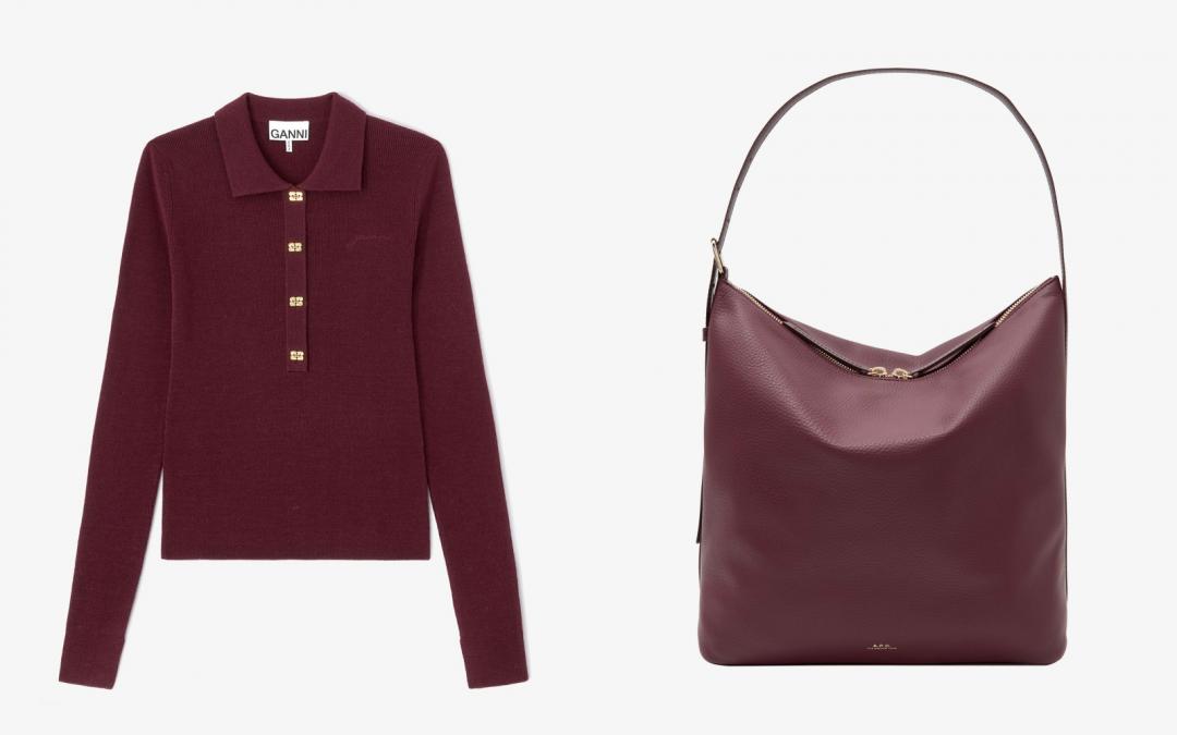 （左起）GANNI經典日常羊毛POLO衫（NT$10,300）、A.P.C.VERA荔枝皮HOBO包（NT$24,300）