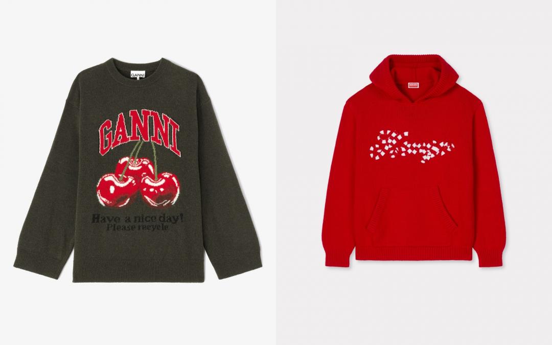 （左起）GANNI印花櫻桃混紡寬版針織上衣（NT$15,300）、KENZO WINTER限定紅色針織連帽上衣（NT$34,800）。