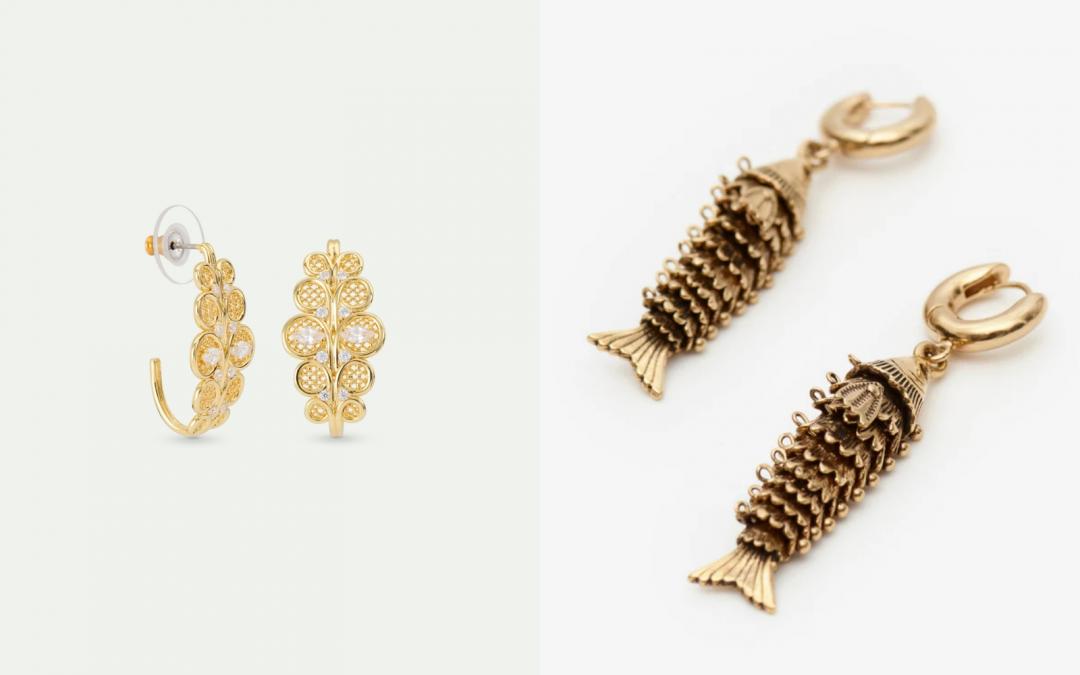 （左起）Les Néréides愛樂而生花絲皇冠耳環（NT$6,300）、ISABEL MARANT RIVER金色耳環（NT$9,800）。