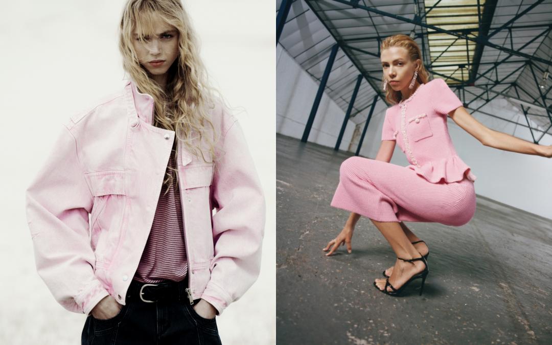 （左起）ISABEL MARANT水洗丹寧粉色寬鬆牛仔外套（NT$25,800）、self-portrait粉色針織洋裝（NT$23,800）。