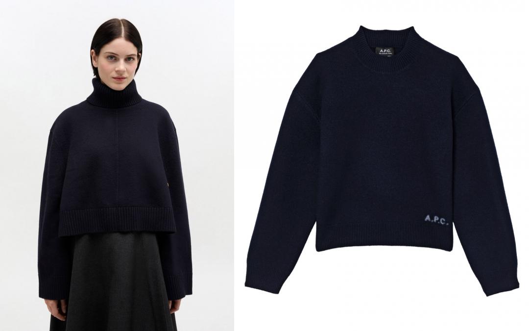 （左起）GANNI經典日常羊毛高領針織上衣（NT$12,800）、A.P.C.角落LOGO ESTHER厚氈美麗諾毛衣（NT$12,800）。