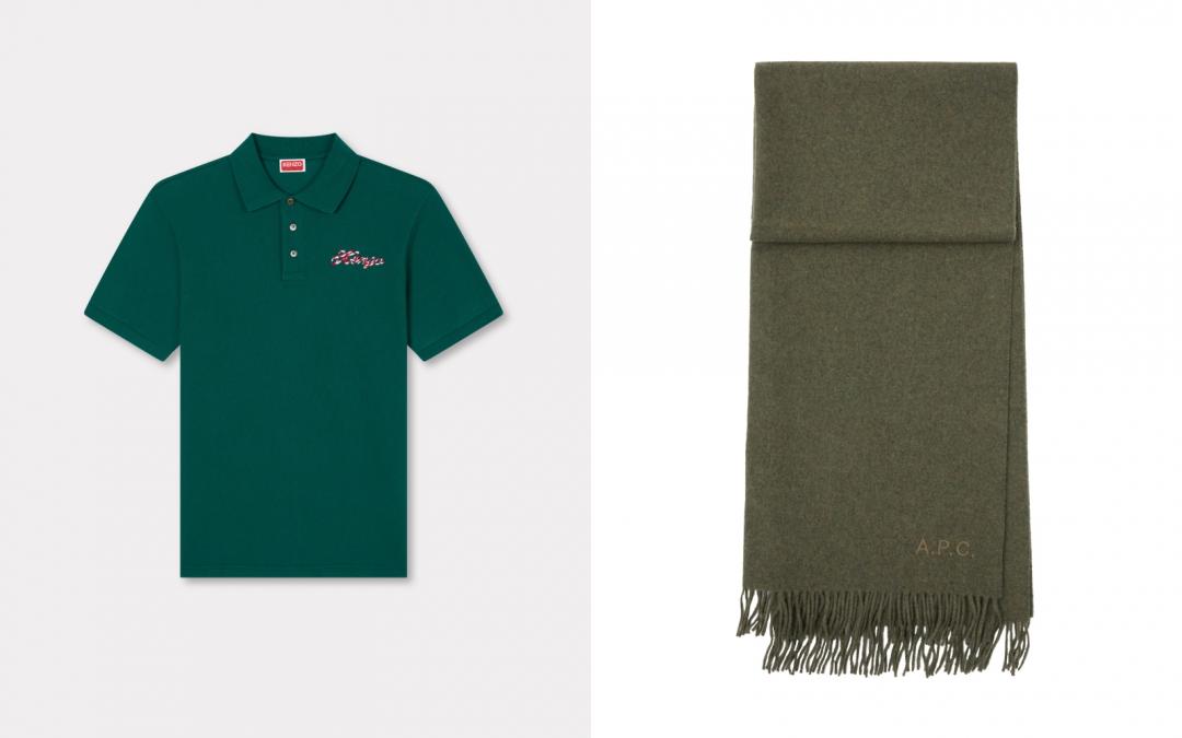（左起）KENZO WINTER限定POLO衫（NT$8,800）、A.P.C.經典LOGO ALIX圍巾（NT$10,300）。