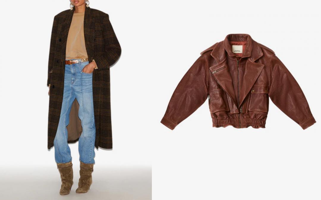 （左起）ISABEL MARANT經典格紋長版大衣（NT$33,800）、ISABEL MARANT皮革工藝羊皮騎士外套（NT$126,800）。