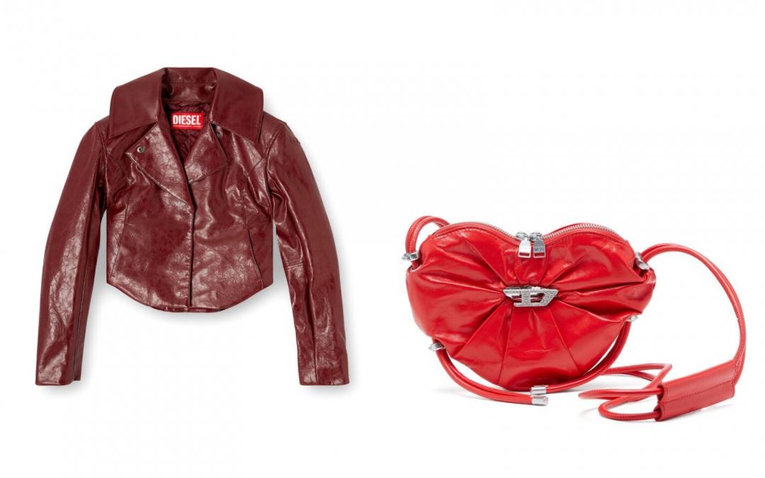 DIESEL（左起）亮漆夾克（NT$14,800）、 亮面皮革愛心肩背包（NT$19,800）。
