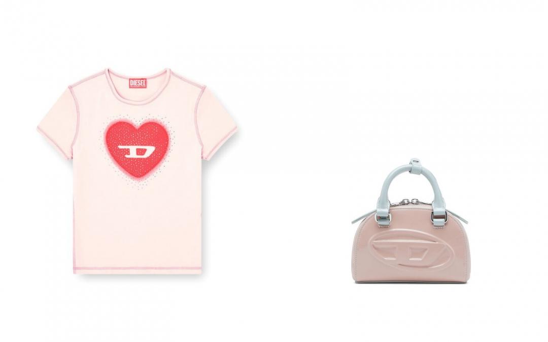 DIESEL（左起）OVAL D愛心鋪鑽短袖上衣（NT$5,680）、1DR DOME斜跨包（NT$12,800）。