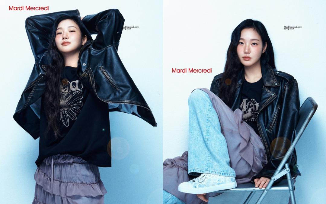 透視感的荷葉邊長裙內搭配丹寧褲，上身混搭皮革外套，詮釋甜酷並存的魅力。