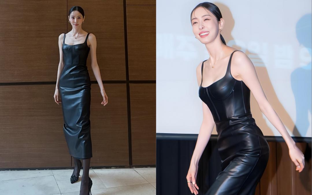 合身皮革長洋裝，稍有一絲贅肉就不好看，但李多熙用完美身材Hold住高難度挑戰。