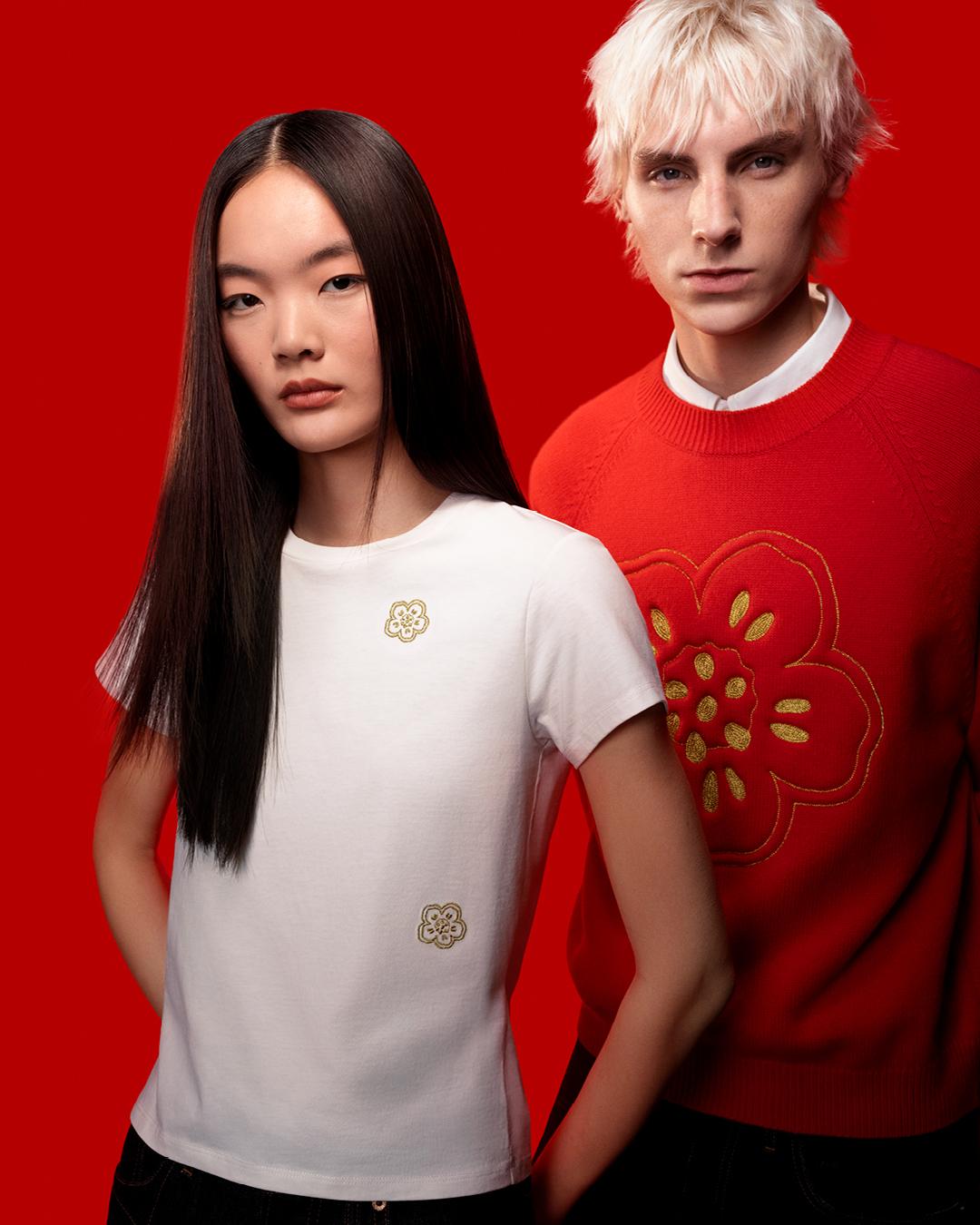 KENZO女裝奶油白短袖上衣，9,300元（圖左）；男裝紅色厚針織上衣，21,800元（圖右）。