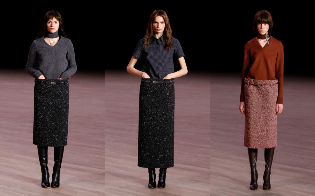 延續前幾季的「不合身」腰線，本季開秀時，以略為寬闊的腰線搭配鉛筆裙登場。