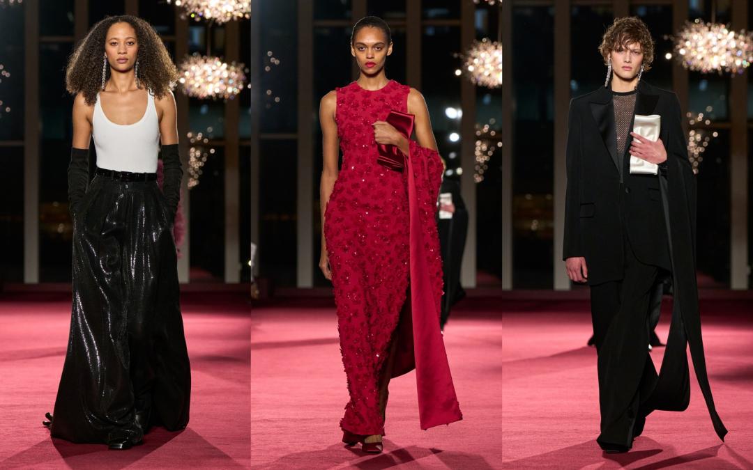 晚裝也在簡約中注入奢華亮點，細節可見精緻工藝。