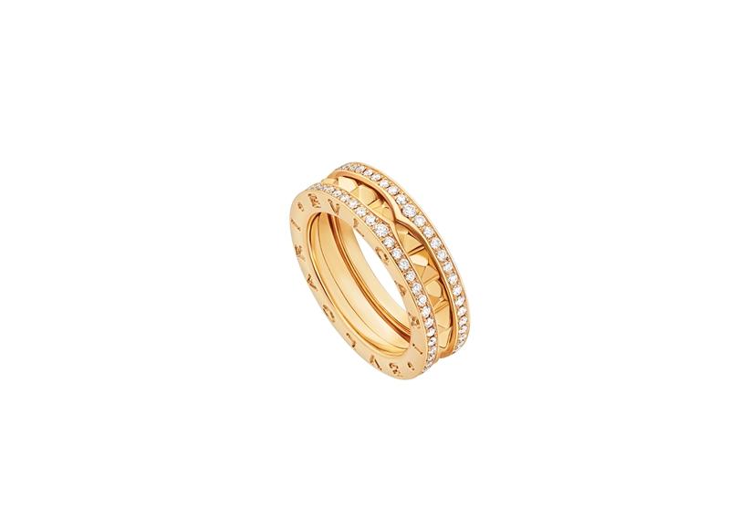 B. zero 1 Rock黃K金鉚釘鑲鑽戒指。（BVLGARI提供）