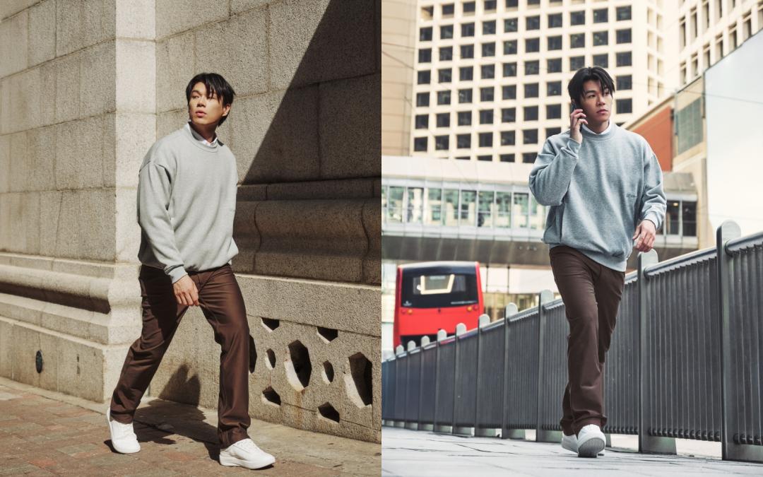 柯煒林著New Venture⻑袖恤衫新版修⾝剪裁（NT$3,980）與Big Cozy男⼠圓領上⾐（NT$4,480）搭配EasyFive經典直筒⻑褲32"（NT$5,280），描繪簡約有型風格。