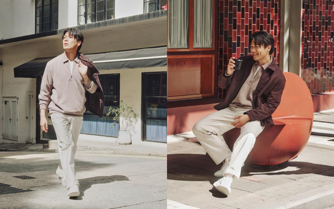 柯煒林著Steady State半拉鍊式Polo衫（NT$4,480）與搖粒絨全拉鍊式外套式恤衫（NT$6,180）搭配EasyFive鬆⾝直筒⻑褲32"（NT$5,280）與Curved 斜背包3L（NT$2,680）。