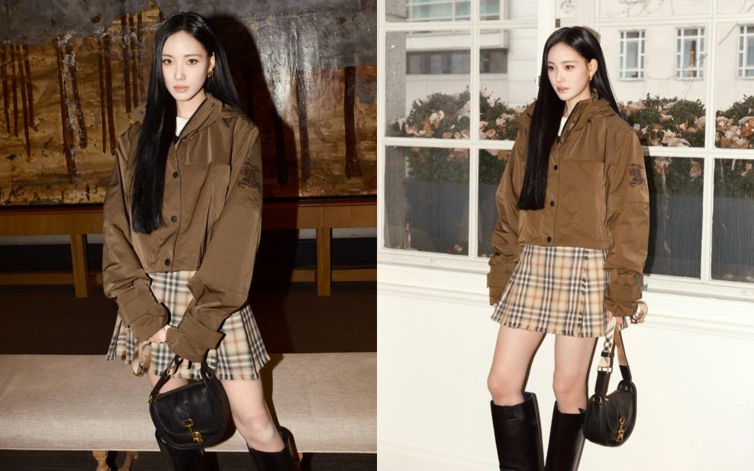 短版外套搭配百褶裙與長靴，高校風格的造型，完全就是Lily專屬舒適區的風格語彙。