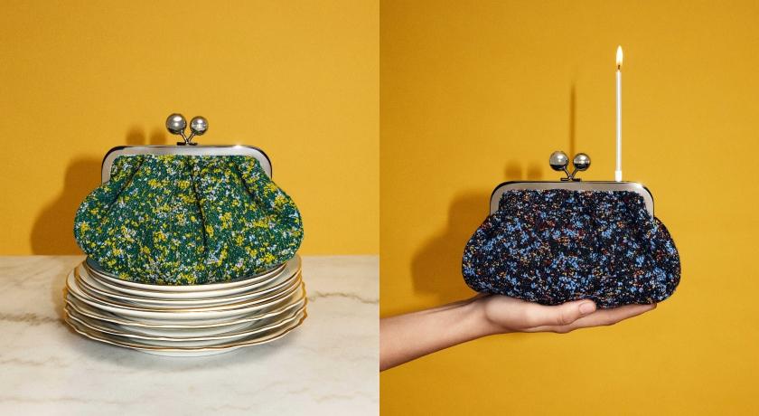 Pasticcino十週年（左起）綠色羊毛混紡Bouclé小型手袋（NT$17,000）、深藍羊毛混紡Bouclé小型手袋（NT$17,000）。