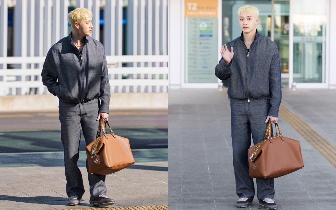 方燦頂著金髮搭配全套丹寧展現時髦感。