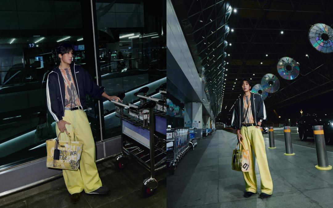 婁峻碩以紮染上衣搭配亮黃色丹寧，描繪躍動潮流感。