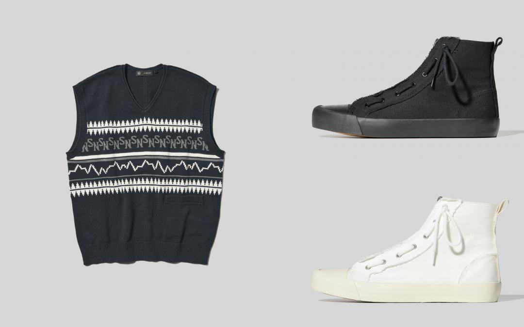 （左起）V領背心（NT$790）、高筒休閒鞋（NT$990）。