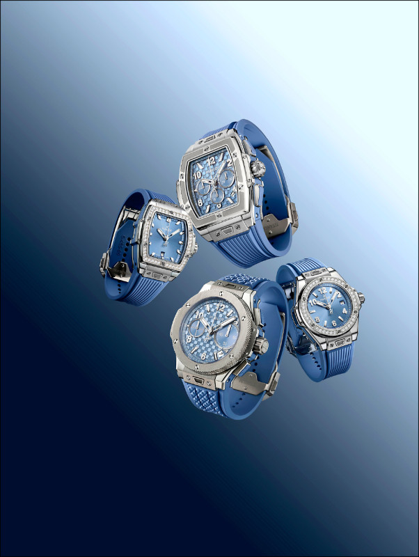 Spirit of Big Bang潮蒼藍鈦金計時碼錶，錶徑42mm710,000元（圖上）；Big Bang Original Unico潮蒼藍鈦金計時碼錶，錶徑43mm，603,000元（圖下）；Spirit of Big Bang潮蒼藍精鋼鑽錶，錶徑32mm，532,000元（圖左）；Big Bang Original One Click潮蒼藍精鋼鑽錶，錶徑33mm，460,000元（圖右）。