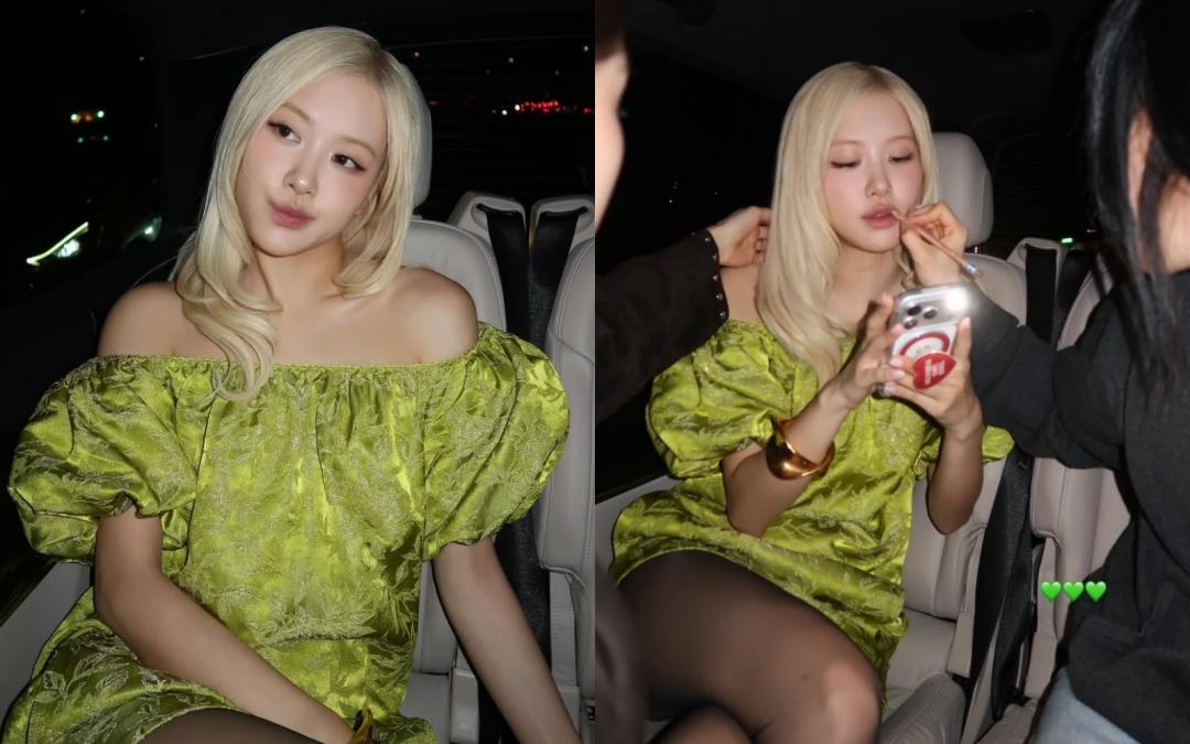 為了美美登場，Rosé在保母車上，也不斷確認妝髮完整度。