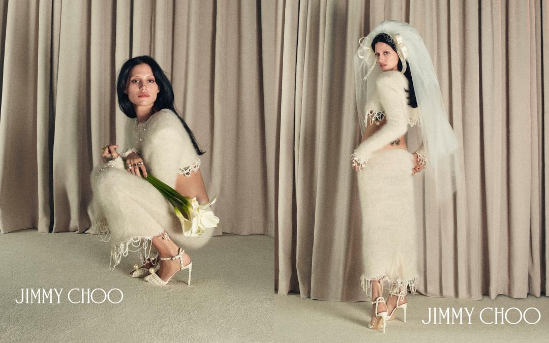 Gabbriette在廣告中示範多套個性婚紗造型，但不變的是足上都是JIMMY CHOO高跟鞋。