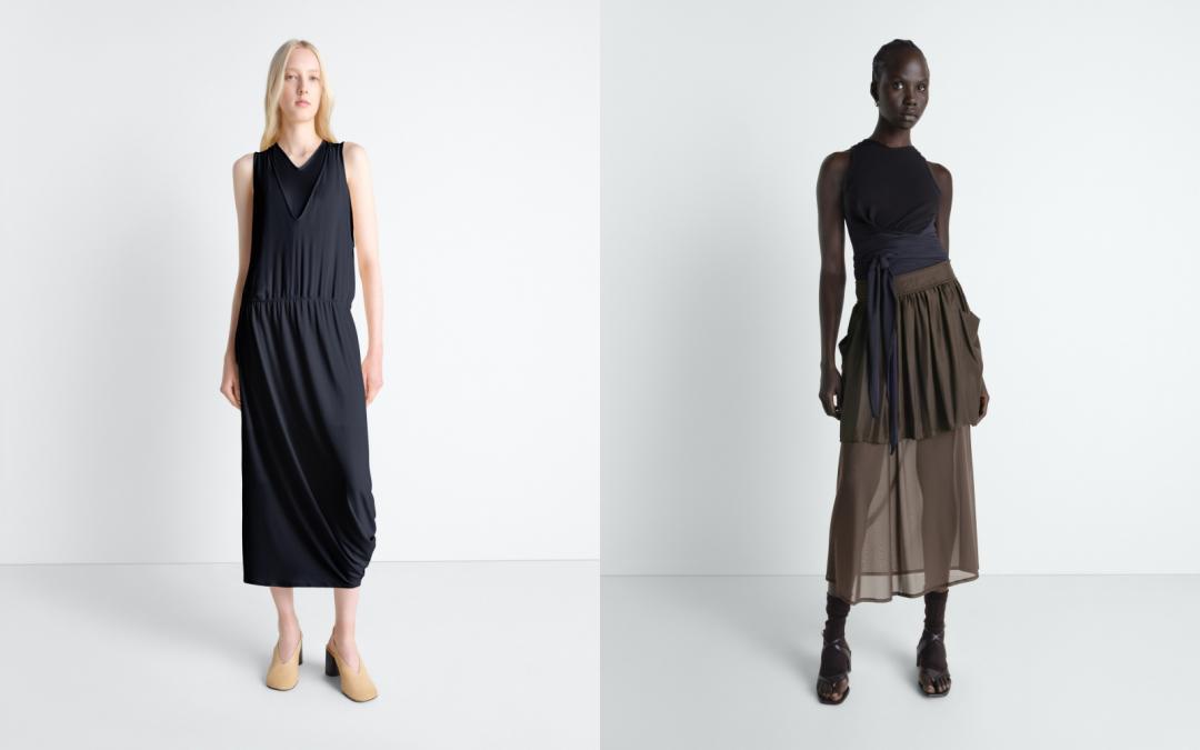 女裝（左起）DOUBLE LAYER DRAPE DRESS（NT$27,480）、DOUBLE LAYER SKIRT（NT$41,880）。
