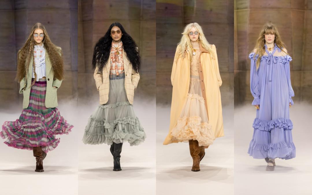 Chloé 2026冬季延續一貫的波西米亞浪漫底蘊，寬鬆輪廓與雪紡材質、荷葉邊元素交織出柔美風情。