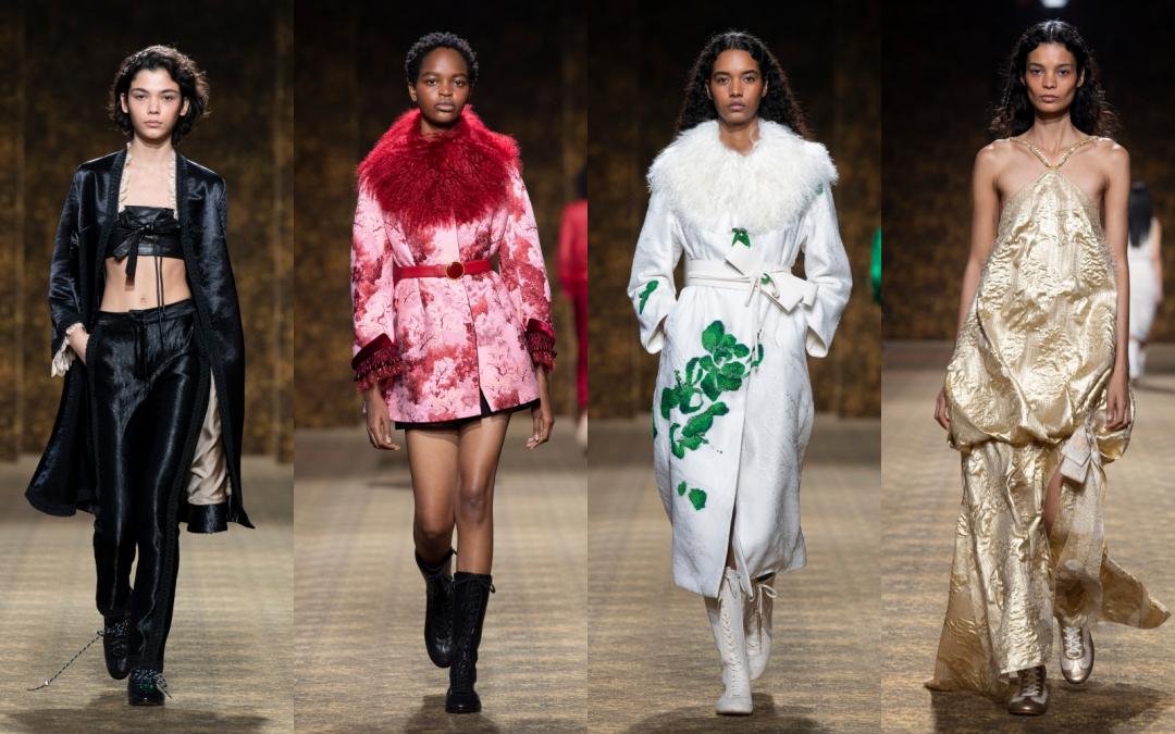 整體輪廓也汲取唐代服飾結構為靈感，短上身與高腰比例是重點。