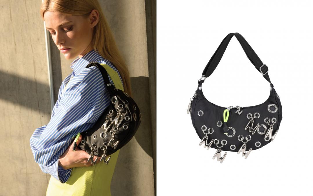 金屬孔環半月肩背包，售價NT$8,700元。